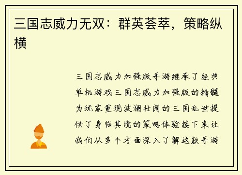 三国志威力无双：群英荟萃，策略纵横